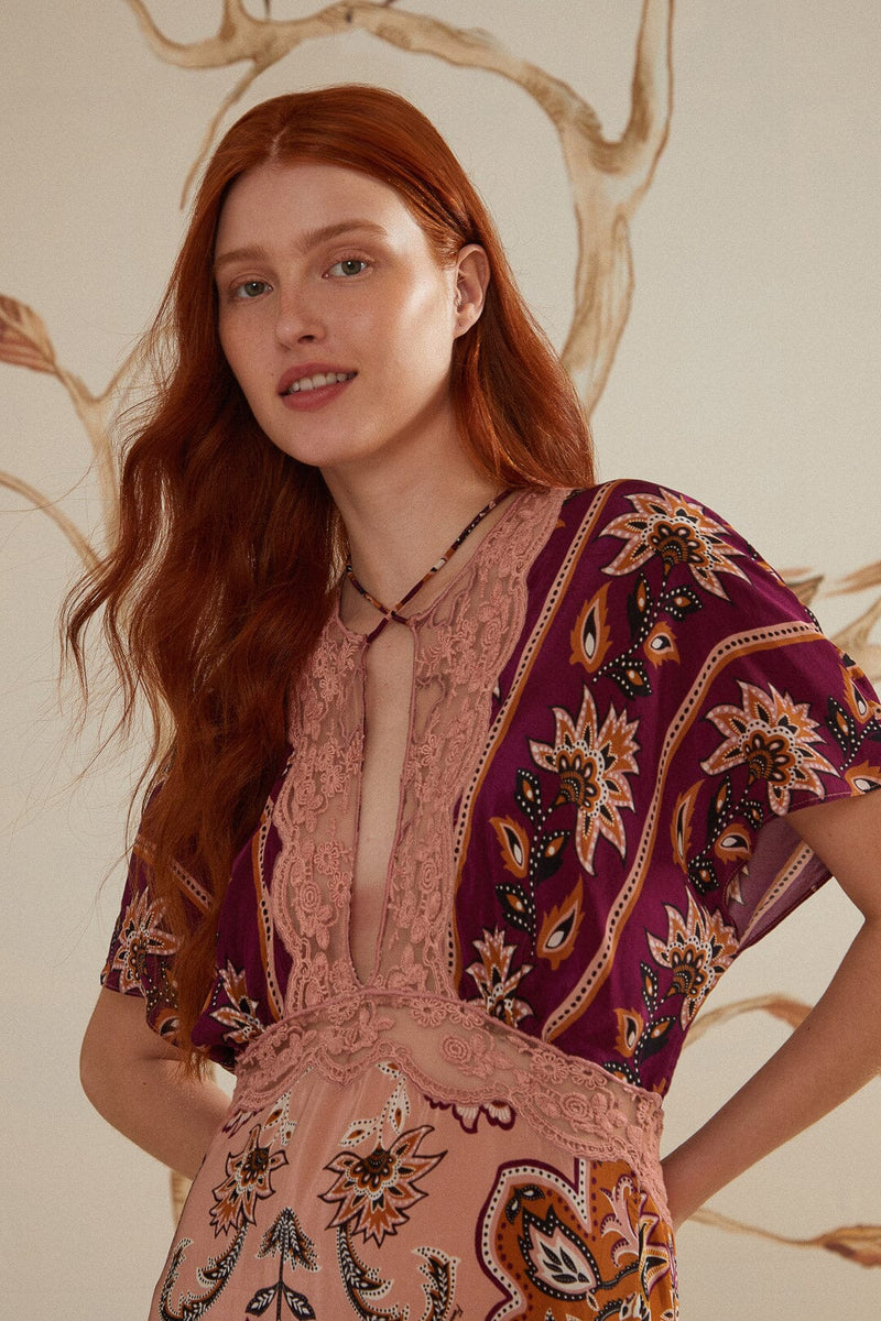 Glam Tapestry Laces Short Sleeve Maxi Dress ~ Burgundy Chic Streets Glam Tapestry Laces Short Sleeve Maxi Dress ~ Burgundy Chic Streets