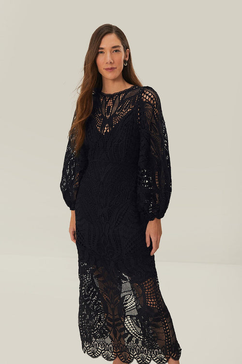 Black Nature Guipure Midi Dress