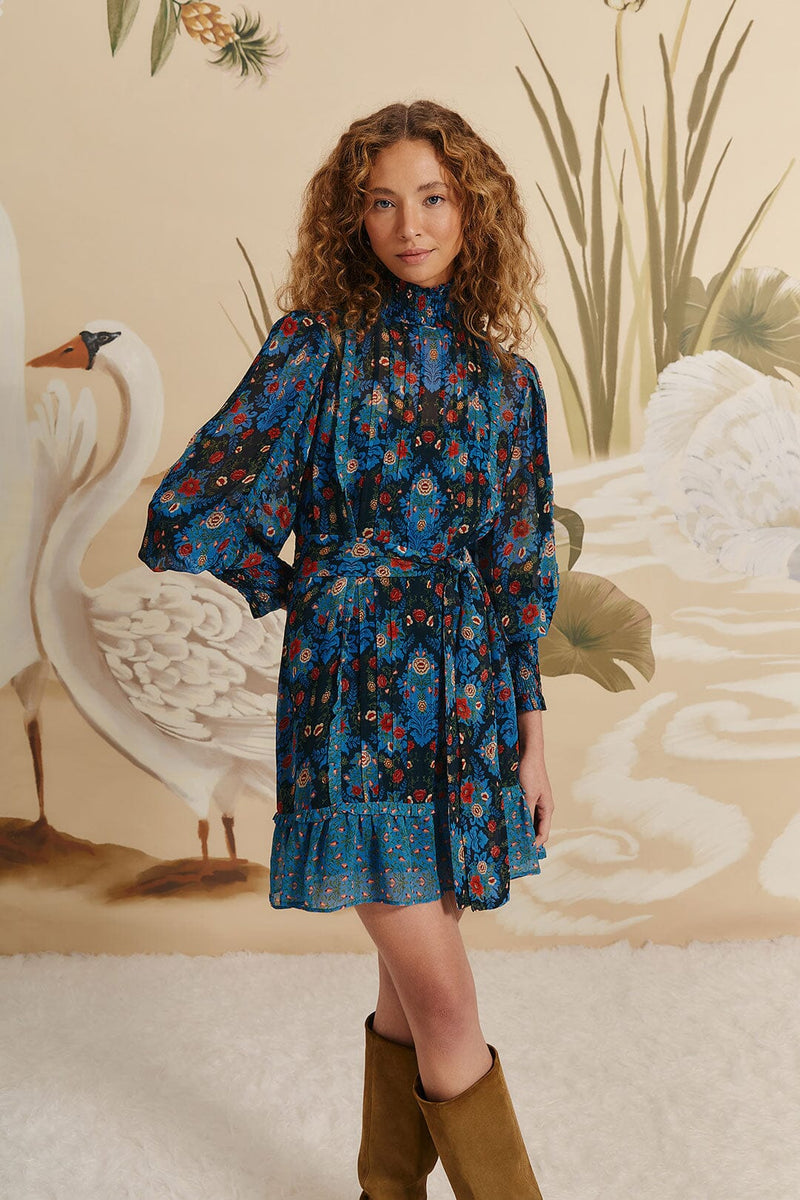 Arabesque Floral Blue High Neck Mini Dress