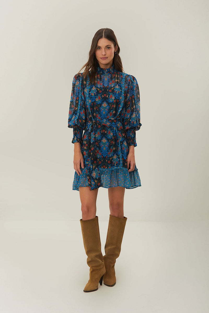 Arabesque Floral Blue High Neck Mini Dress