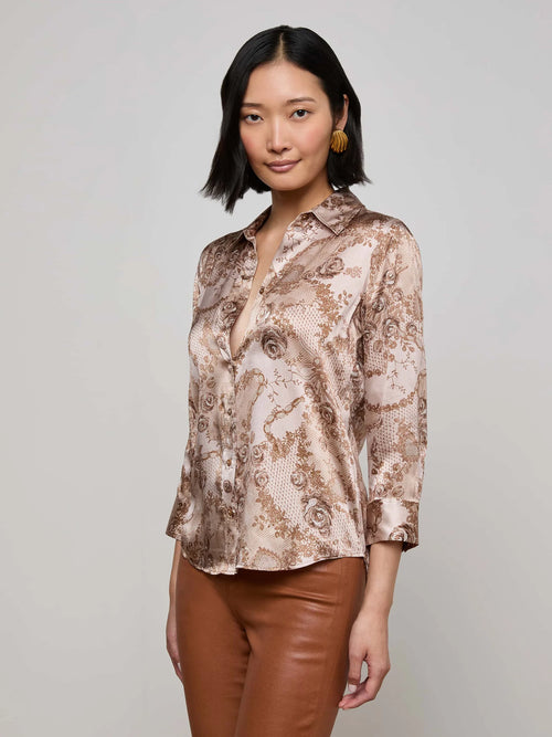 Dani Silk Blouse ~ Toasted Almond Lace Print
