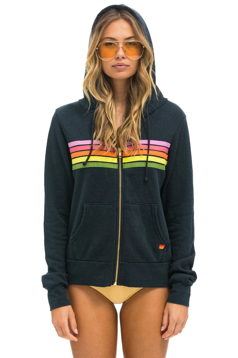 5 Stripe Zip Hoodie ~ Charcoal/Pink/Green