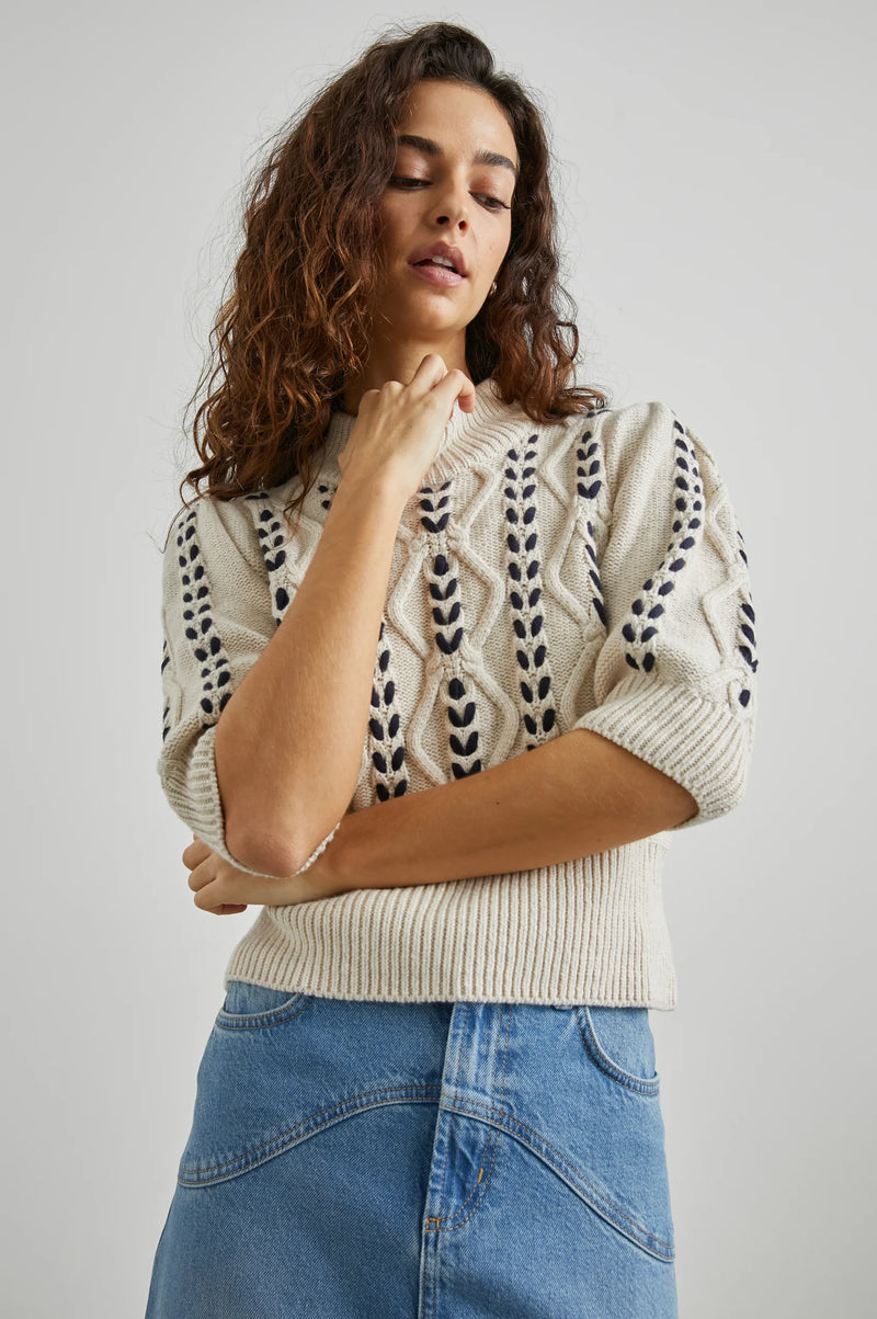 Addy Sweater ~ Oatmeal Navy Cables