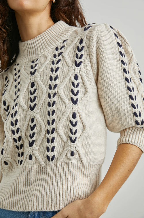 Addy Sweater ~ Oatmeal Navy Cables