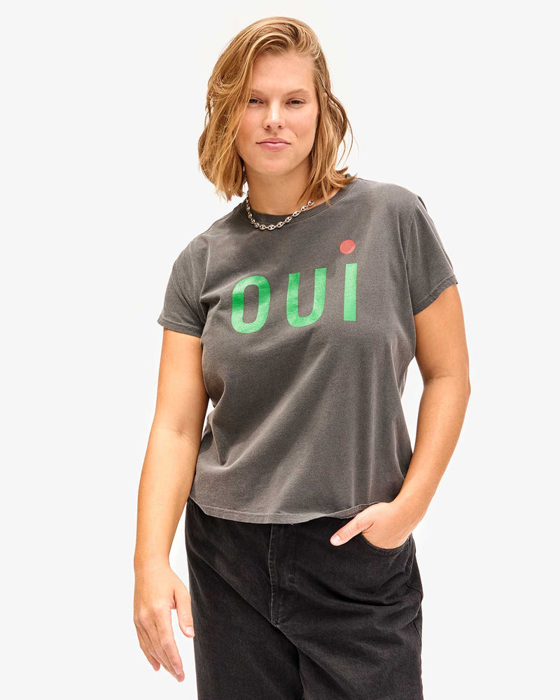 Classic Tee ~ Faded Black w/ Green & Poppy Oui