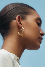 Olive Branch Hoop Earrings Mini Gold ~ White Pearl