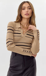 Elena Striped Polo Knit Top ~ Tan/Black