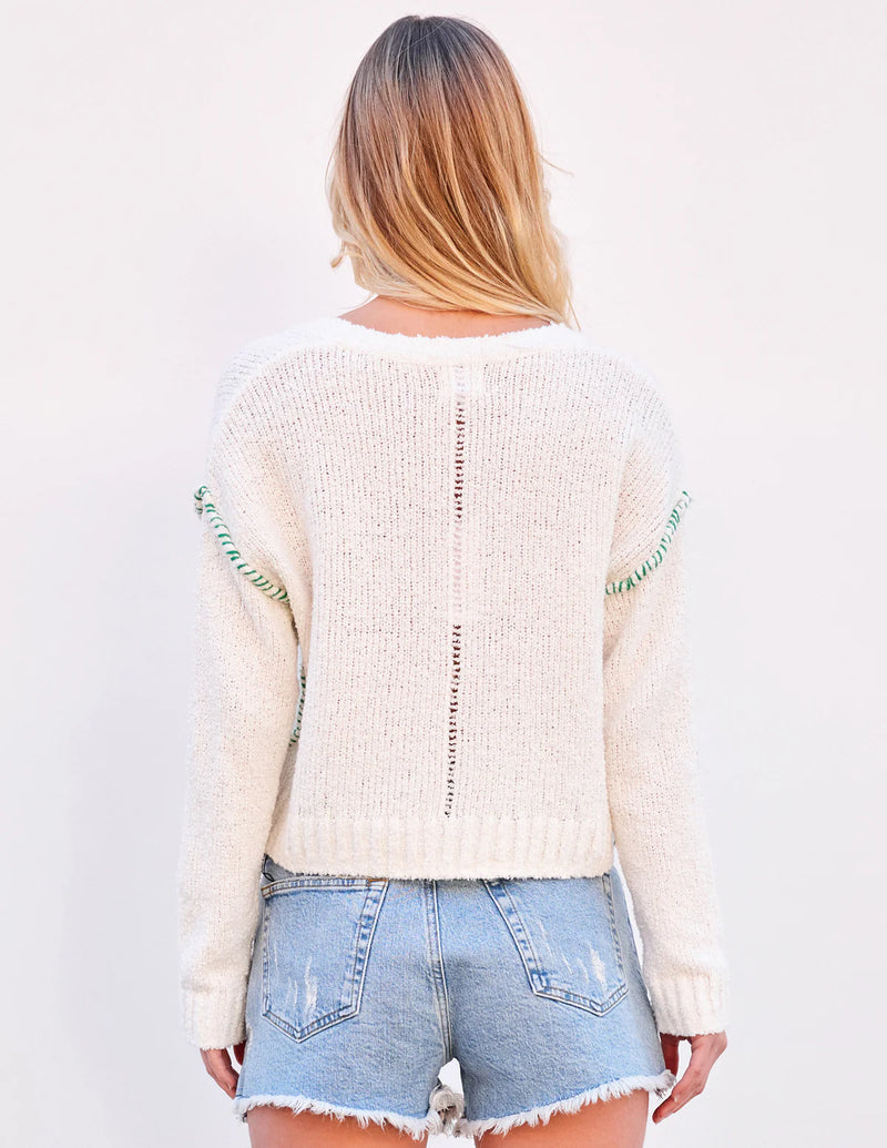 V-Neck Sweater ~ Cream/Green