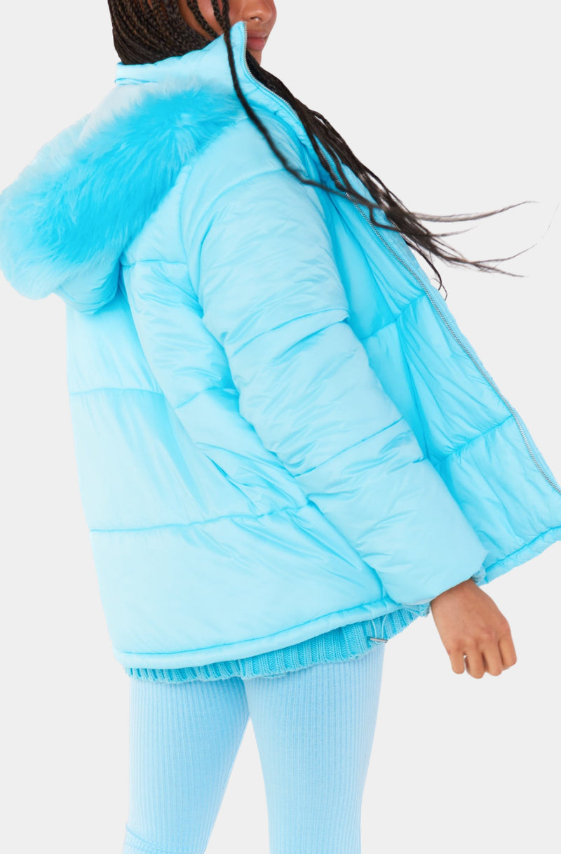Snowbird Puffer Jacket -Powder Blue with Faux Fur