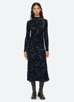 Alia Stretch Burnout Velvet Dress ~Navy