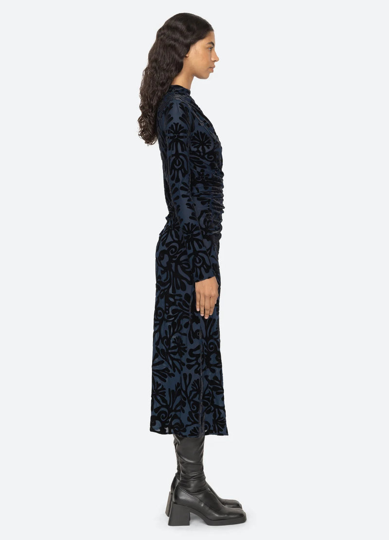 Alia Stretch Burnout Velvet Dress ~Navy