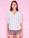 Elbow Sleeve Embroidery Stripe Blouse ~ White