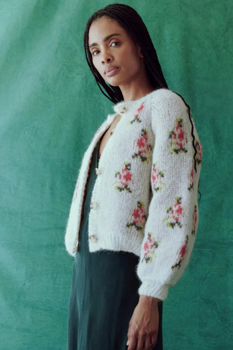 Carousel Cardigan ~ White W/ Rose