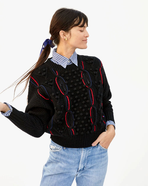 Drop Shoulder Sweater ~ Black W/ Navy Poppy Chains