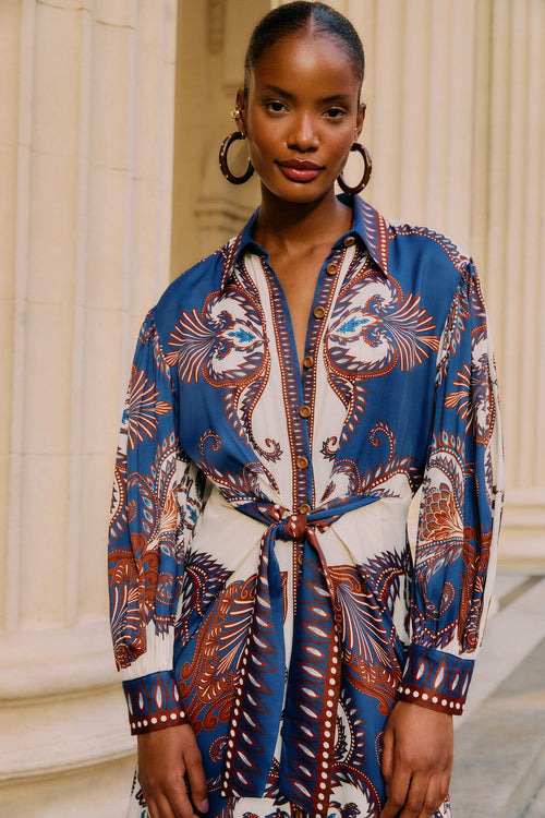 Blue Arabesque Scarf Midi Dress