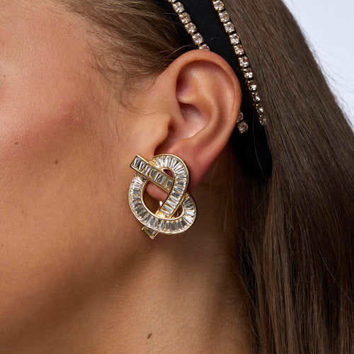 Gold Crystal Pretzel Clip On Earrings