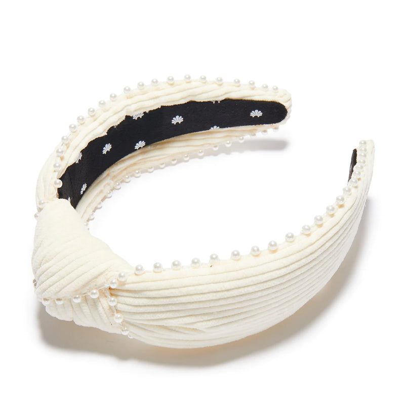 Ivory Pearl Trim Corduroy Knotted Headband