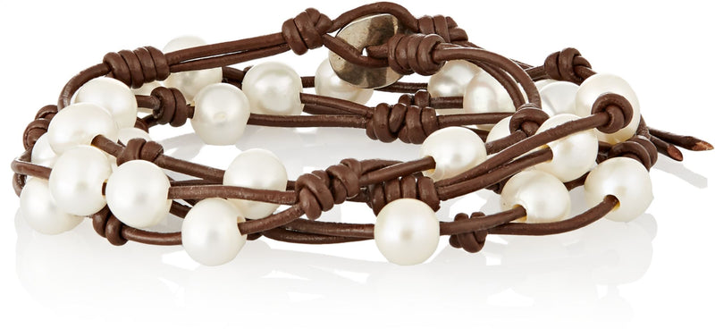 Chan Luu Brown Pearl And Leather Wrap Bracelet