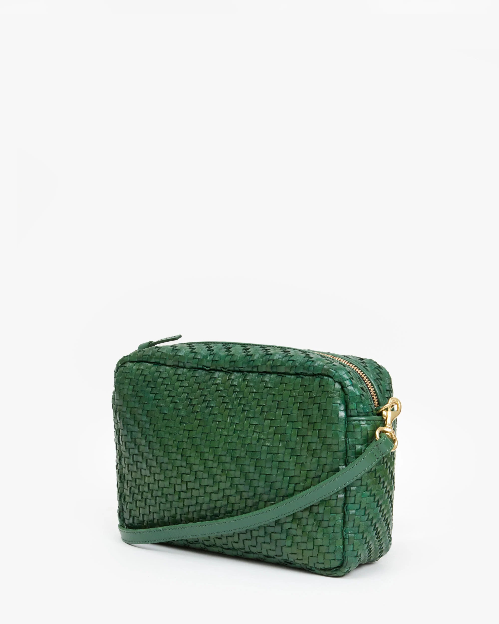 Clare V. Moyen Evergreen Messenger Bag Green Woven Leather Purse Zig Zag