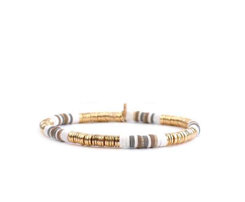 Large Heishi Beads Stretch Bracelet ~ Gold/Neutral