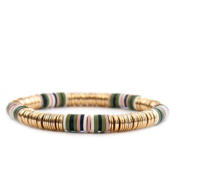 Large Heishi Beads Stretch Bracelet ~ Gold/Sage