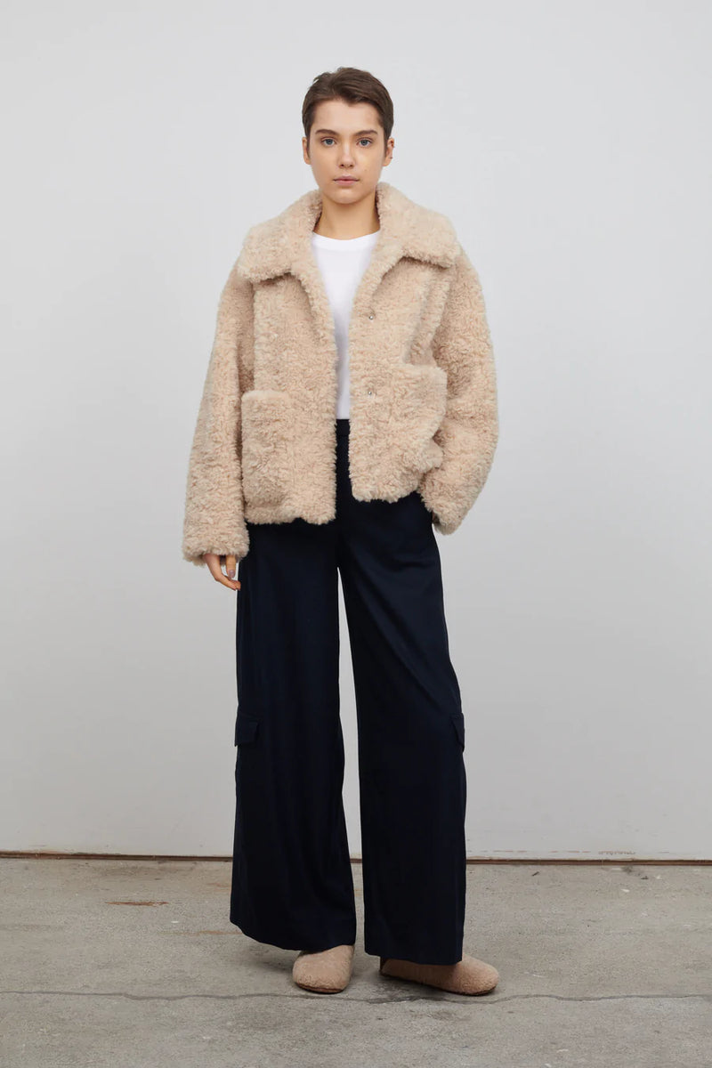 Traci Curly Faux Fur Coat ~ Biscuit