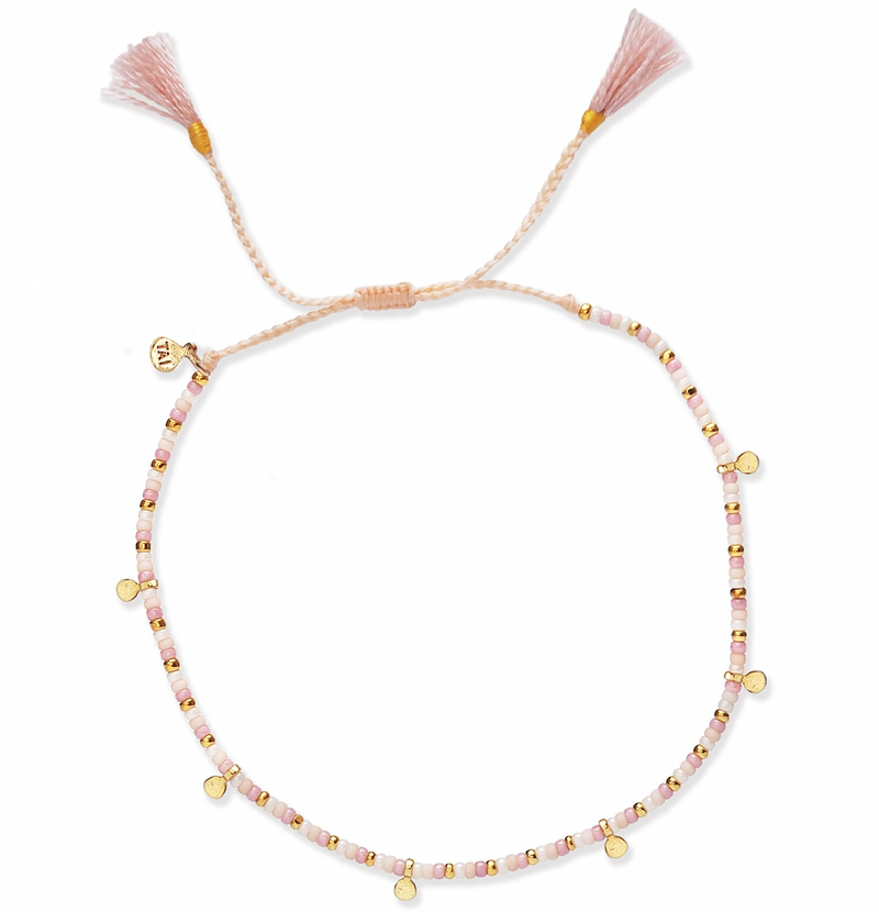 Beaded Pink Tassel Bracelet with Gold Disc Charms