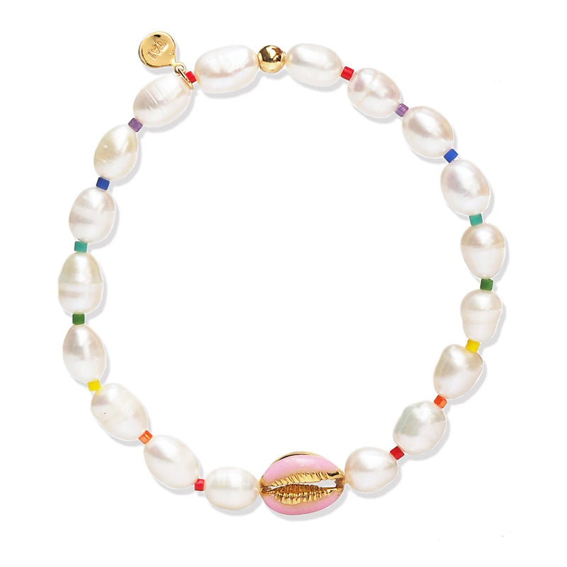 Hand Made Pearl Bracelet With Sea Shell And Rainbow Accents