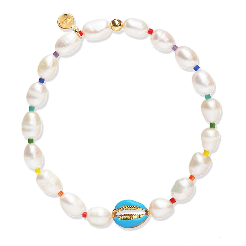 Hand Made Pearl Bracelet With Sea Shell And Rainbow Accents