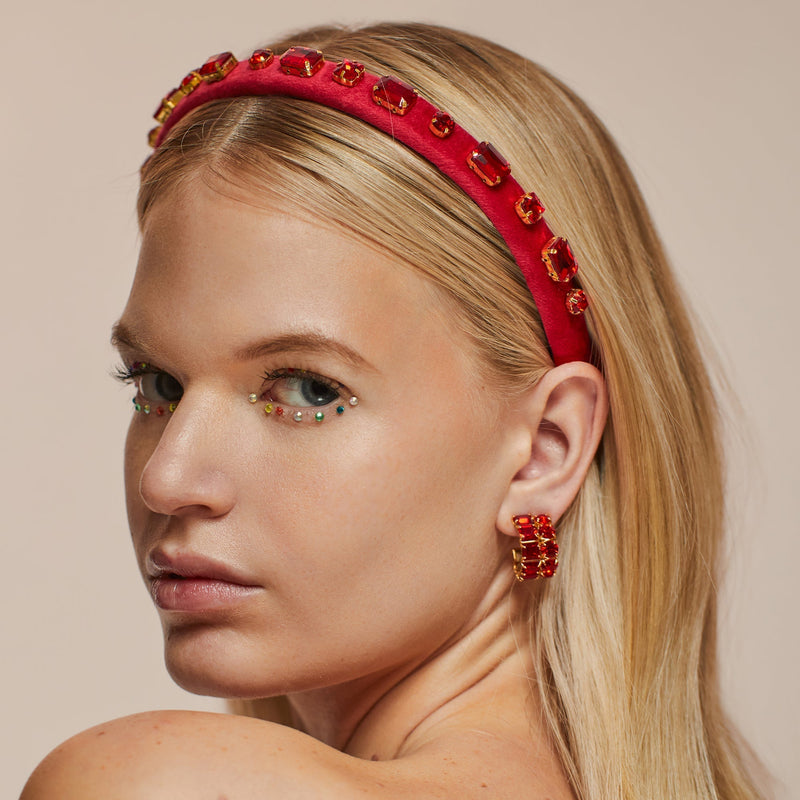 Rectangle Crystal Velvet Gigi Headband ~ Ruby